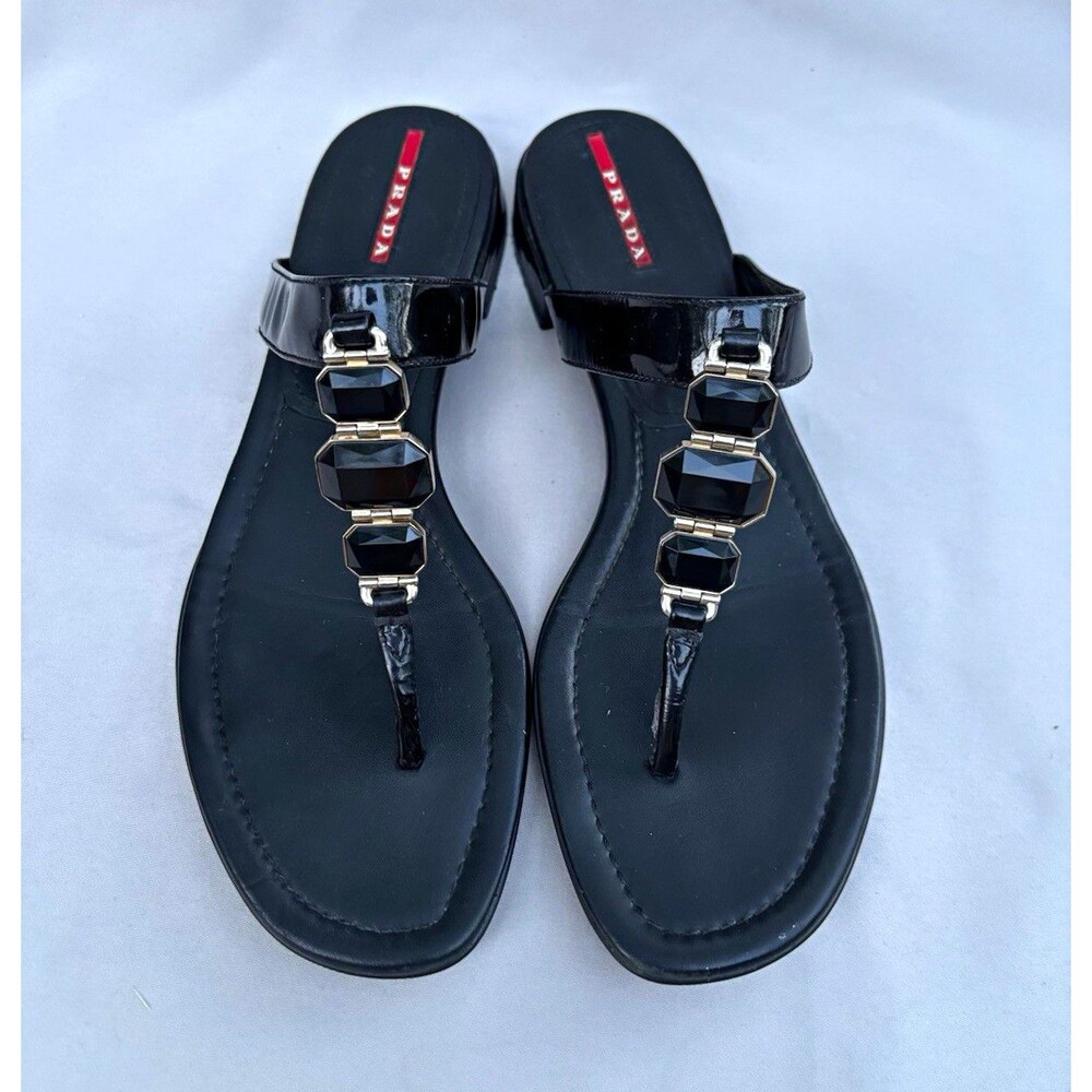 PRADA Black Patent Leather Thong Slip-On Sandals Logo Women’s Size 9